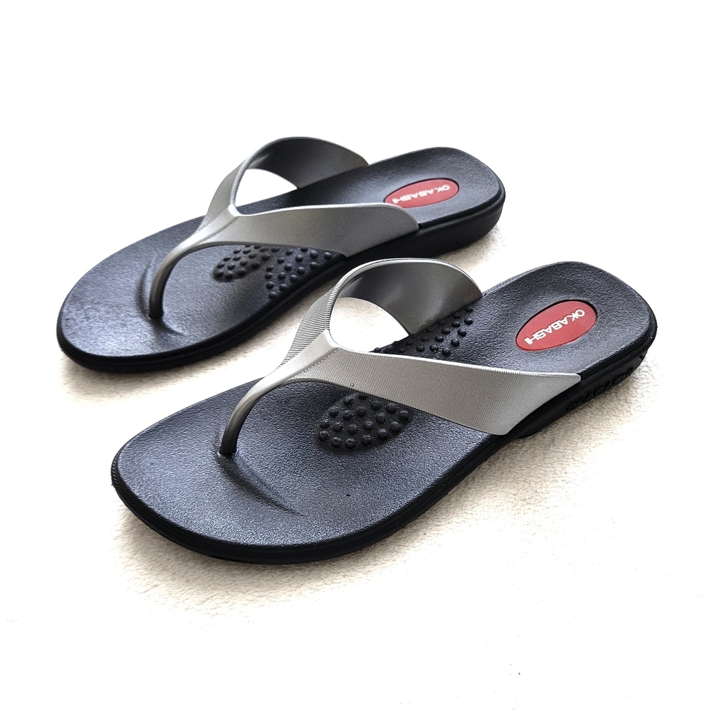 Okabashi | NWOT Wedge Medium Flip-Flop Two-Tone Black & Silver-Grey